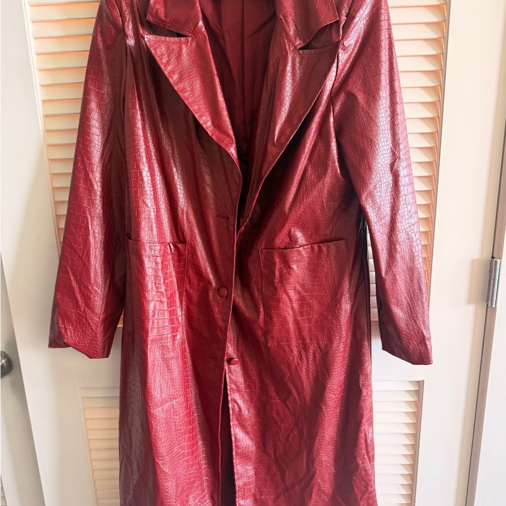 H&M Burgundy PU leather Textured Trench Coat.